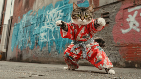 A lively cat wearing a traditional Japanese costume strikes an action pose in an urban environment, showcasing a playful and energetic spirit against a vibrant graffiti backdrop.の素材