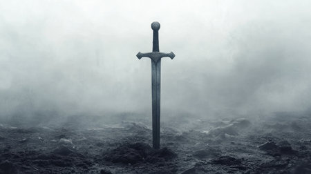 A dramatic image of a sword standing resolutely in a fog-laden landscape, evoking themes of heroism, mystery, and the epic journey of adventure in a timeless environment.の素材