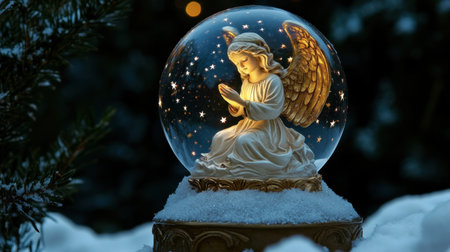 Experience the magic of winter with this enchanting angel figurine in a snow globe, radiating warmth and serenity, ideal for holiday celebrations and decorative purposes.の素材