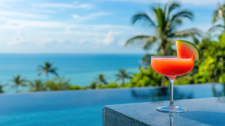 Enjoy a vibrant tropical cocktail beside an infinity pool, overlooking a mesmerizing ocean view with palm trees under a clear sky, perfect for relaxation.の素材