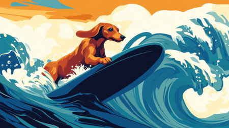 A lively illustration featuring a dachshund surfing waves, embodying the essence of summer fun and adventure with bright colors and a playful atmosphere.の素材