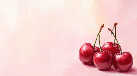 Delightful and vibrant red cherries arranged elegantly against a soft pastel background, evoking a sense of freshness and seasonal sweetness, ideal for culinary or artistic inspirations.の素材
