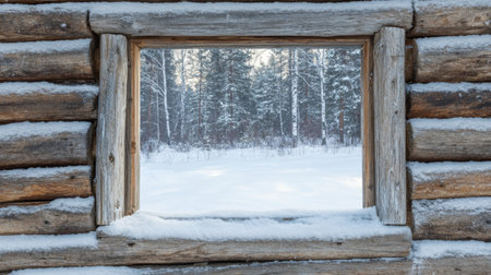 A serene view through a wooden window showcases a snowy forest landscape, featuring frost-covered trees and a peaceful winter scene ideal for nature photography enthusiasts.の素材