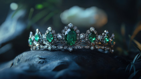 Discover the timeless beauty of an exquisite silver crown featuring stunning emerald gems, expertly crafted to capture the essence of luxury and elegance in a serene setting.の素材