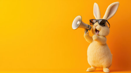 A playful cartoon rabbit with sunglasses and a megaphone brings an energetic vibe against a bright orange backdrop, perfect for promoting positivity and fun messages.の素材
