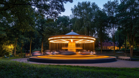 Delight in the captivating beauty of a night scene featuring a spinning carousel lit by golden lights, surrounded by lush greenery, creating a serene and joyful atmosphere.の素材