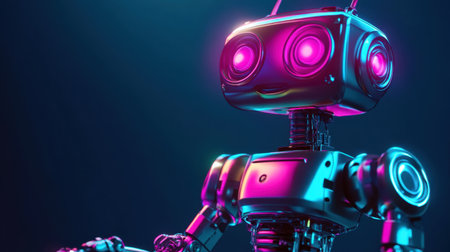 A charming robot with vibrant pink eyes and a sleek metallic design stands out against a dark background, embodying the blend of advanced technology and imaginative creativity.の素材