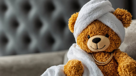This charming teddy bear in a spa-like setup captures comfort and joy, perfect for themes of relaxation, family love, and playful innocence in home decor projects.の素材
