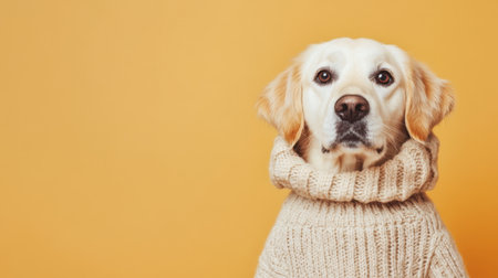Charming golden retriever dressed in a soft sweater against a cheerful yellow backdrop, perfectly capturing the warmth and joy of pet companionship.の素材