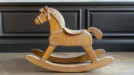 Explore a charming vintage wooden rocking horse, perfect for nostalgic decor. This warm-toned piece adds a playful touch to any cozy indoor space.の素材