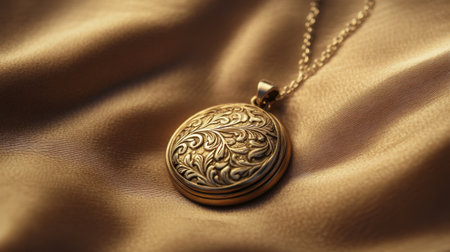 This stunning vintage gold locket features intricate floral designs and rests gently on soft satin fabric, making it an exquisite piece for jewelry collections or heartfelt gifts.の素材