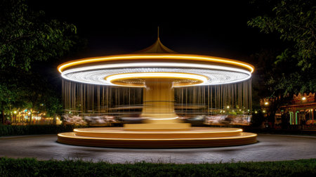 A mesmerizing nighttime image of a carousel in motion, illuminated by vibrant lights, evokes a sense of joy and nostalgia, perfect for capturing magical moments in outdoor festivities.の素材