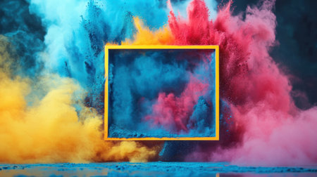 A vibrant display of colorful powder bursting into the air, centered within a yellow frame, creating a striking abstract design perfect for artistic projects.の素材