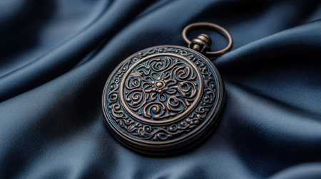 A beautifully crafted antique pocket watch rests on luxurious silk fabric, showcasing intricate designs and evoking a sense of nostalgia and timeless elegance.の素材
