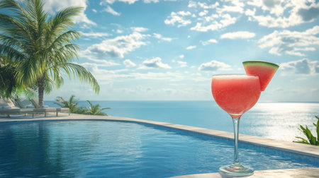 Indulge in a vibrant tropical cocktail by a stunning infinity pool, framed by lush palm trees and a breathtaking ocean backdrop, creating an ideal vacation scene.の素材