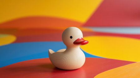 A charming wooden duck toy rests on a colorful geometric background, showcasing vivid red, yellow, and blue tones, ideal for bright and playful visual concepts.の素材