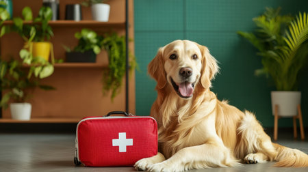 A cheerful golden retriever lies next to a first aid kit in a stylish living space filled with green plants, emphasizing the importance of pet health and safety at home.の素材
