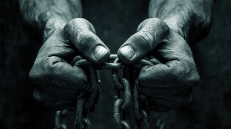 Close-up image of hands firmly holding chains, representing the themes of struggle and resilience within a dark and moody atmosphere, evoking powerful emotions.の素材
