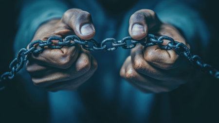 This image depicts hands gripping broken chains, symbolizing a powerful message of liberation and empowerment while representing the struggle against oppression and the journey to freedom.の素材