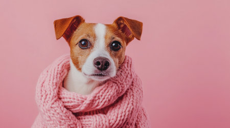 This charming stock photo features a small dog wrapped in a soft pink sweater, radiating warmth and cuteness against a matching pink backdrop. Perfect for pet lovers!の素材