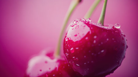 Vibrant red cherries glisten with water droplets, set against a soft pink background. This close-up shot captures the freshness and juicy appeal of these delicious fruits.の素材