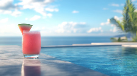 A vibrant watermelon cocktail rests on the edge of a sparkling pool with a stunning ocean backdrop, evoking a perfect summer relaxation atmosphere.の素材