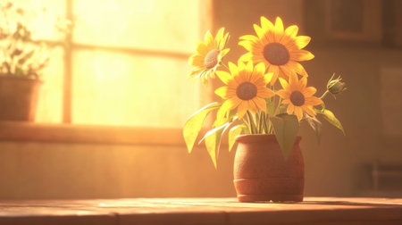 A stunning arrangement of vibrant sunflowers in a rustic pot bathed in soft warm light creates a cheerful atmosphere, perfect for home decor and nature enthusiasts.の素材