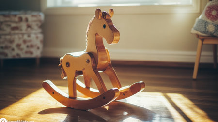 A beautifully crafted wooden rocking horse stands in a sunlit room, perfect for childrenの素材