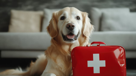 A charming golden retriever sits beside a bright red first aid kit in a cozy living room, symbolizing care, preparedness, and the love between pets and their owners.の素材