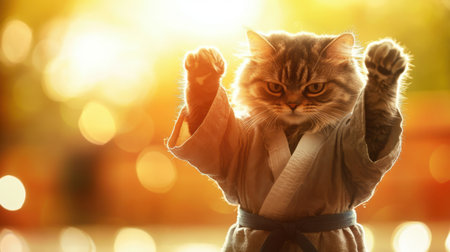 A charming cat wearing a karate gi strikes a playful pose, showcasing its adorable confidence against a glowing sunset backdrop filled with warm tones.の素材