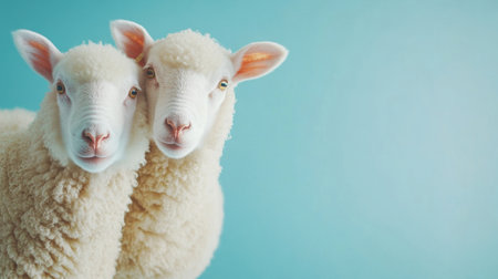 Two charming sheep with fluffy coats gaze curiously at the viewer against a soft turquoise background, symbolizing innocence and tranquility in nature, ideal for various themes.の素材