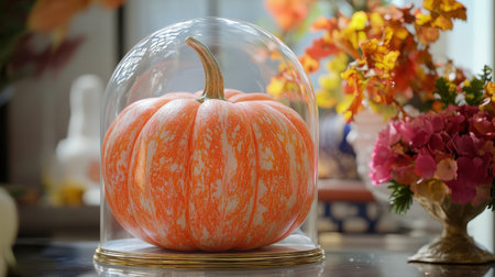 A stunning orange and white striped pumpkin is elegantly showcased under a glass dome, accompanied by vibrant seasonal flowers, perfect for autumn decor and inspiration.の素材