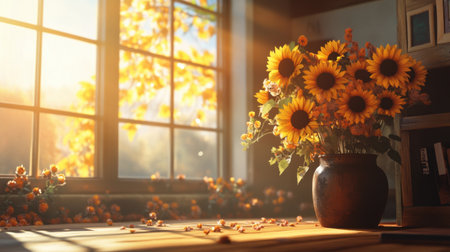 A stunning sunflower arrangement sits gracefully in a vase, illuminated by soft morning light filtering through a large window, creating a tranquil and inviting atmosphere.の素材