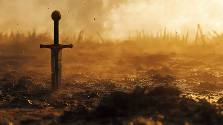 A powerful image of a sword embedded in the ground under a smoky sky, evoking themes of sacrifice and bravery in a battle-scarred landscape during dawn.の素材