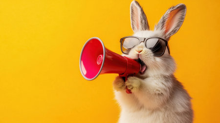 A playful rabbit wearing stylish sunglasses is energetically shouting through a bright pink megaphone, set against a vibrant yellow background, creating a fun and whimsical atmosphere.の素材