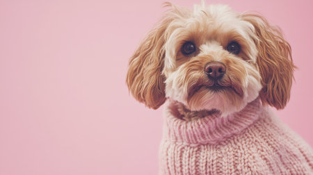 Adorable small dog wearing a pink sweater poses against a smooth pink backdrop, radiating charm and warmth, perfect for pet-themed projects and marketing.の素材