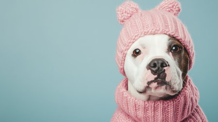 A charming dog dressed in a pink knitted sweater and hat against a soft blue background, ideal for showcasing pet fashion and creating delightful marketing imagery.の素材