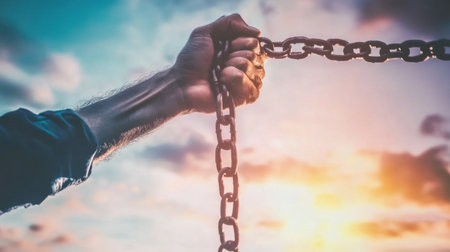 A powerful visual of a hand holding a chain against a vibrant sunset sky, symbolizing themes of freedom, resilience, and the struggle for liberation in a world full of challenges.の素材