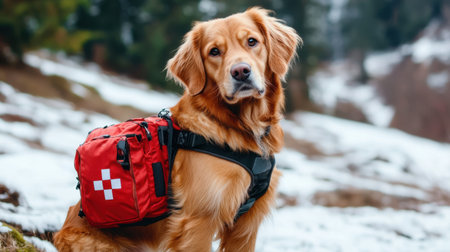 A golden retriever stands proudly in a snowy landscape, wearing a red backpack. The dog embodies outdoor adventure and loyal companionship, perfect for nature-loving enthusiasts.の素材