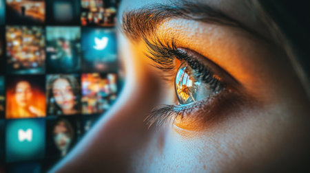 A stunning close-up shot of a captivating human eye showcasing intricate details and a vibrant reflection of social media icons, highlighting the impact of digital life.の素材