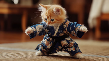 An adorable ginger kitten wearing a traditional kimono strikes a playful pose on a wooden floor. This charming scene captures the cuteness and personality of a beloved pet in a cozy setting.の素材