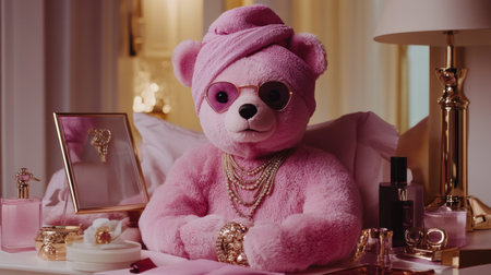 A charming pink plush bear showcases elegance and playfulness, adorned with stylish accessories in a warm, inviting home setting filled with luxury decor and soft colors.の素材