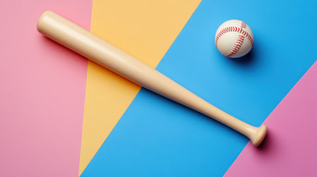 A classic wooden baseball bat rests near a baseball, set against a vibrant geometric background, creating an energetic and playful atmosphere perfect for sports lovers.の素材