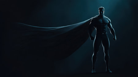 Captivating illustration of a powerful superhero silhouette, showcasing muscular form and flowing cape, embodying themes of strength, bravery, and heroism.の素材