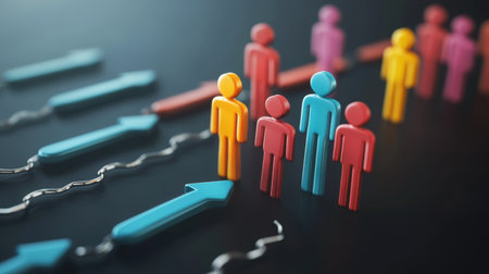 Colorful figures symbolize teamwork and growth amidst directional arrows, perfect for themes of collaboration and success in business or educational contexts.の素材