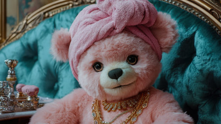 A charming teddy bear with a towel and jewelry, embodying playful elegance while relaxing on a stylish sofa, creating a delightful atmosphere for any cozy space.の素材