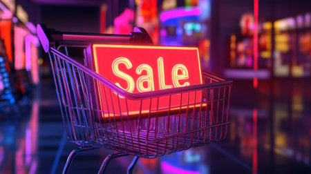 Bright shopping cart with a glowing neon sale sign, set in a lively retail environment. Ideal for themes of discounts, promotions, and modern shopping experiences.の素材
