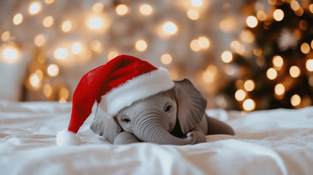 A charming baby elephant wearing a Santa hat relaxes on a soft bed, surrounded by twinkling holiday lights, creating a warm festive atmosphere perfect for seasonal projects.の素材