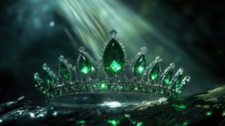 A mesmerizing tiara featuring vibrant emerald stones, beautifully illuminated in a soft light. This image captures the essence of elegance and royal charm, perfect for luxury themes.の素材