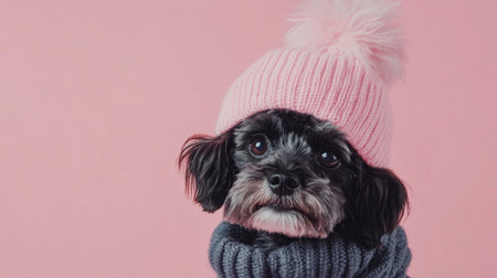 This charming image features a small dog dressed in a pink hat and cozy scarf against a lovely pink background, exuding warmth and style, ideal for pet lovers and seasonal themes.の素材